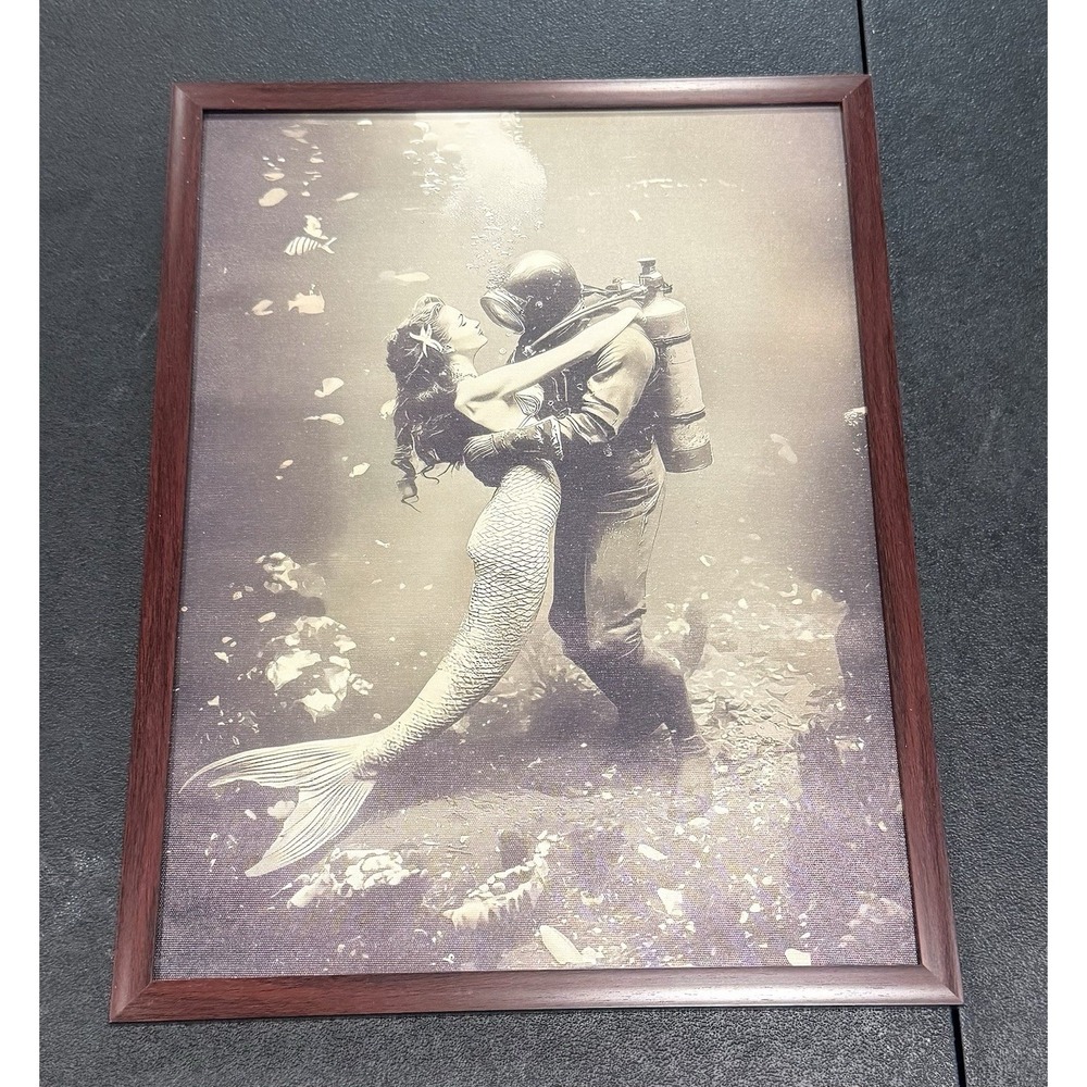 Framed Mermaid & Diver Underwater Romance Art  Wall Decor Nautical Ocean 12x16